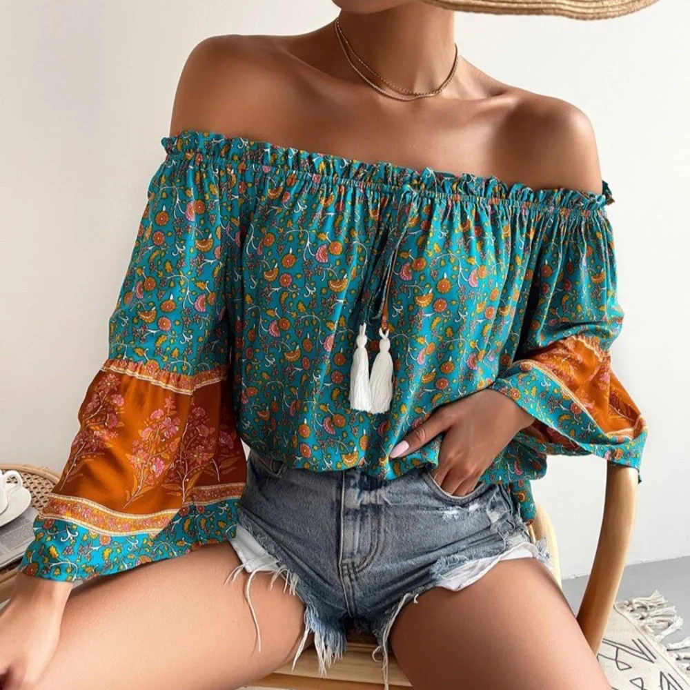 🍂 BOHO BLUE ORANGE FLORAL OFF SHOULDER LOOSE FIT TASSEL DETAIL TOP! - Picture 4 of 7